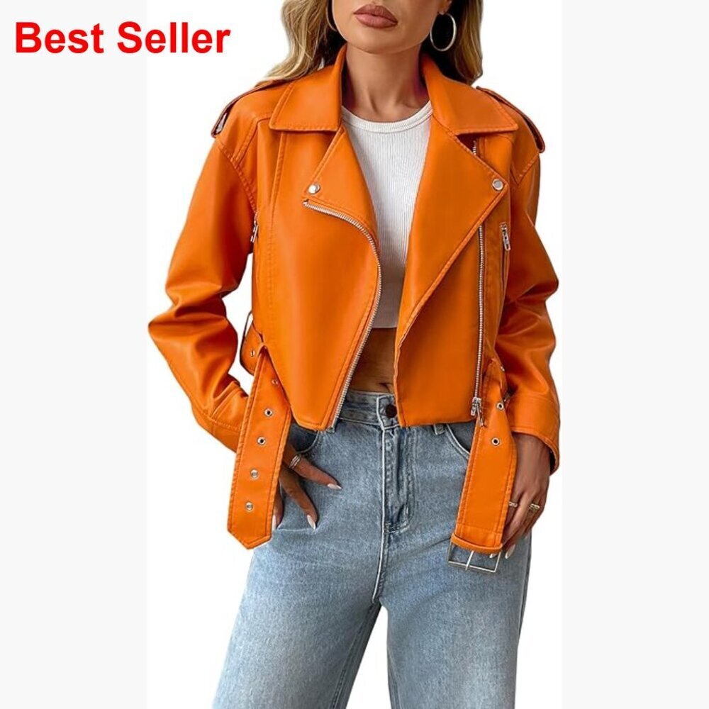 Faux Leather Cropped Jacket with Belt, Vegan Motor Biker Coat